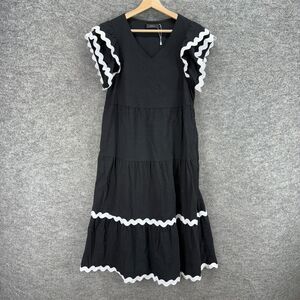 Zesica Dress Women M Medium Black Shift Midi V-Neck Short Sleeve Casual Stretch